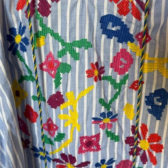 Skies are Blue Striped Blue Floral Embroidered V-Neck Peasant Blouse- Small - Picture 3 of 6